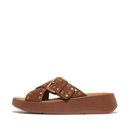 F-MODE Buckle Stud/Eyelet Suede Flatform Cross Slides