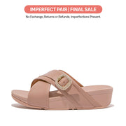 [IMPERFECT PAIR] LULU Crystal-Buckle Leather Cross Slides