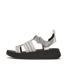 F-MODE Metallic-Leather/Webbing Flatform Fisherman Sandal