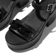 PLATFFORMS Beaded-Chain Leather Heeled Ankle-Strap Sandals
