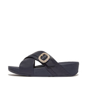 LULU Crystal-Buckle Leather Cross Slides