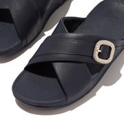 LULU Crystal-Buckle Leather Cross Slides