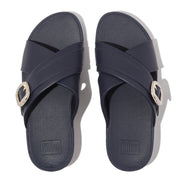LULU Crystal-Buckle Leather Cross Slides