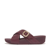 LULU Crystal-Buckle Leather Cross Slides