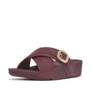 LULU Crystal-Buckle Leather Cross Slides