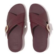 LULU Crystal-Buckle Leather Cross Slides