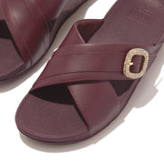 LULU Crystal-Buckle Leather Cross Slides