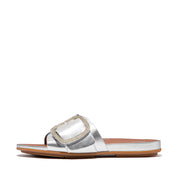 GRACIE Crystal Maxi-Buckle Metallic-Leather Slides