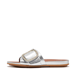 GRACIE Crystal Maxi-Buckle Metallic-Leather Slides