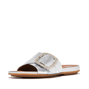 GRACIE Crystal Maxi-Buckle Metallic-Leather Slides