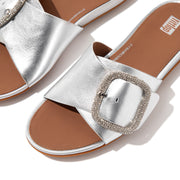 GRACIE Crystal Maxi-Buckle Metallic-Leather Slides