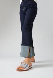 GRACIE Crystal Maxi-Buckle Metallic-Leather Slides