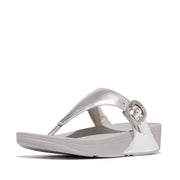 LULU Crystal-Buckle Metallic-Leather Toe-Post Sandals