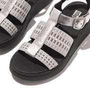 F-MODE Metallic-Leather/Webbing Flatform Fisherman Sandal