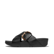 LULU Resin-Buckle Leather Cross Slides