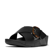 LULU Resin-Buckle Leather Cross Slides