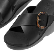 LULU Resin-Buckle Leather Cross Slides