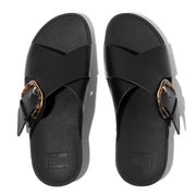 LULU Resin-Buckle Leather Cross Slides