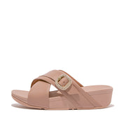 LULU Crystal-Buckle Leather Cross Slides