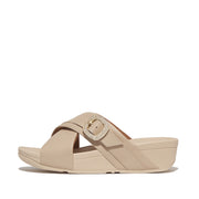 LULU Crystal-Buckle Leather Cross Slides