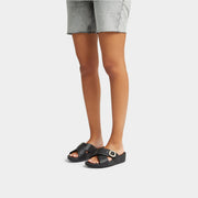 LULU Crystal-Buckle Leather Cross Slides