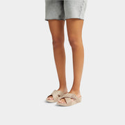 LULU Crystal-Buckle Leather Cross Slides