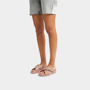 LULU Crystal-Buckle Leather Cross Slides