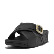 LULU Crystal-Buckle Leather Cross Slides