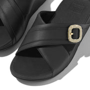 LULU Crystal-Buckle Leather Cross Slides