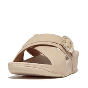 LULU Crystal-Buckle Leather Cross Slides