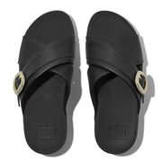 LULU Crystal-Buckle Leather Cross Slides