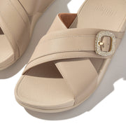 LULU Crystal-Buckle Leather Cross Slides