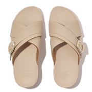LULU Crystal-Buckle Leather Cross Slides