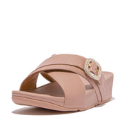 LULU Crystal-Buckle Leather Cross Slides