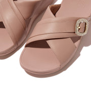 LULU Crystal-Buckle Leather Cross Slides