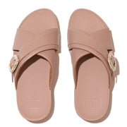 LULU Crystal-Buckle Leather Cross Slides