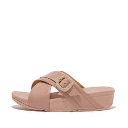 LULU Crystal-Buckle Leather Cross Slides