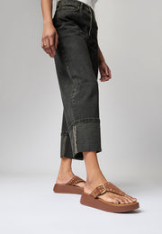 F-MODE Buckle Stud/Eyelet Suede Flatform Toe-Post Sandals