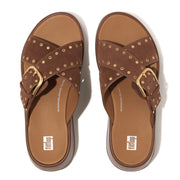 F-MODE Buckle Stud/Eyelet Suede Flatform Cross Slides