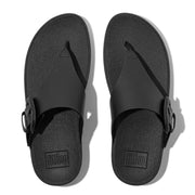 LULU Covered-Buckle Raw-Edge Leather Toe-Post Sandals