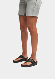 LULU Covered-Buckle Raw-Edge Leather Toe-Post Sandals
