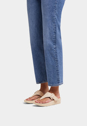 LULU Covered-Buckle Raw-Edge Leather Toe-Post Sandals