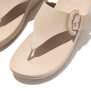 LULU Covered-Buckle Raw-Edge Leather Toe-Post Sandals